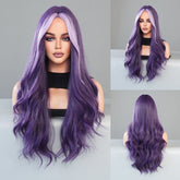 Purple Glueless Small Lace Long Deep Wave Wig with Fringe Highlights